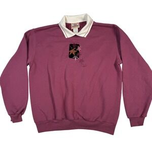 VTG Top Stitch L Burgundy Sweatshirt Fall Leaf Peter Pan Collar Grandma Retro 90